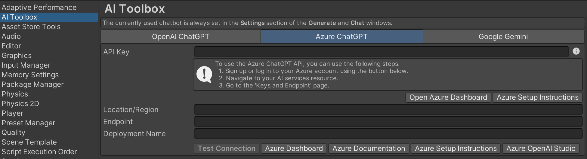 Azure ChatGPT API Key and other settings