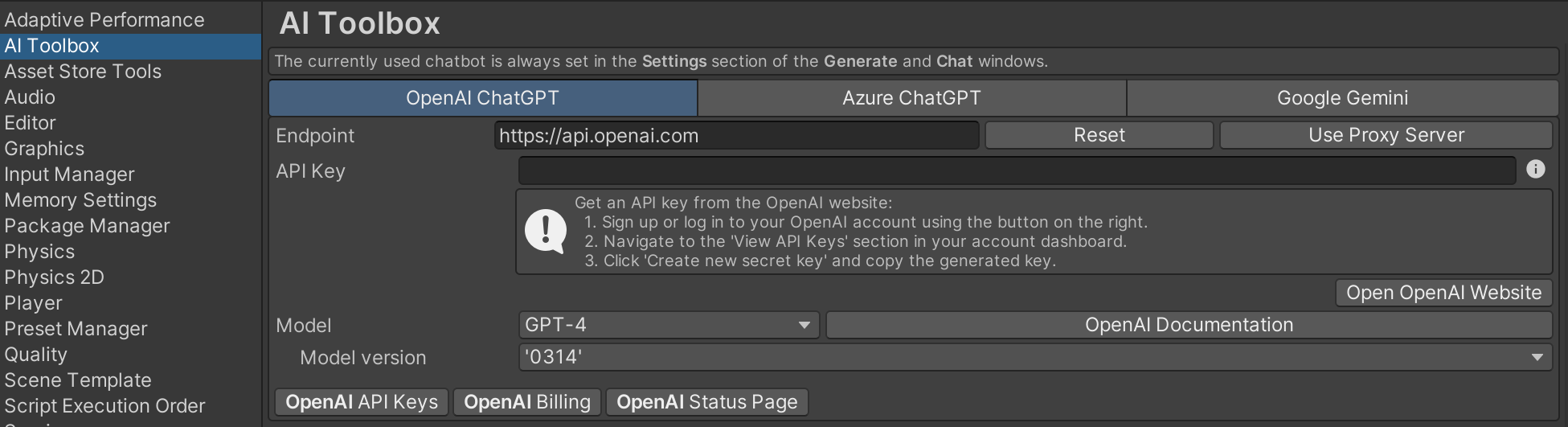 OpenAI ChatGPT API Key and other settings