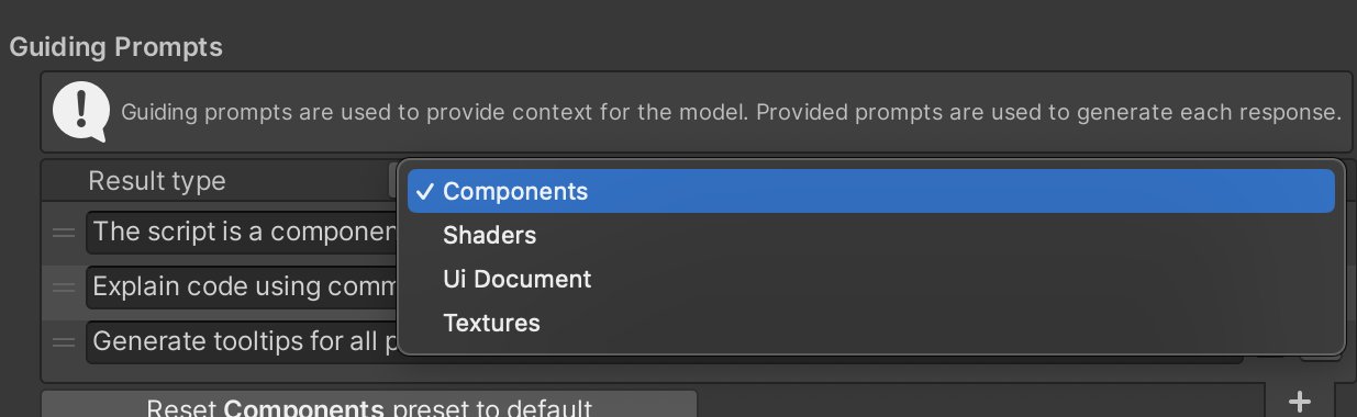 Guiding Prompts Result types drop down menu